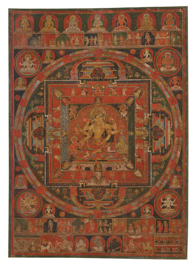 A LARGE AND RARE PAINTING OF A VASUDHARA MANDALA NEPAL, 14TH-15TH CENTURY