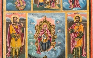 A LARGE MULTI-PARTITE ICON SHOWING THE ENTHRONED MOTHER