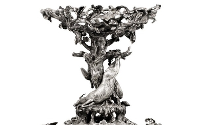 A LARGE SILVER-PLATED BRONZE CENTREPIECE WITH HUNTING MOTIVES, CHRISTOFLE, PARIS, CIRCA 1855 | SURTOUT DE TABLE EN BRONZE ARGENTÉ PAR CHRISTOFLE, PARIS, VERS 1855