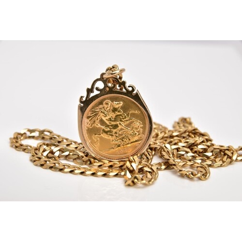 A MOUNTED FULL SOVEREIGN PENDANT AND CHAIN, the full soverei...