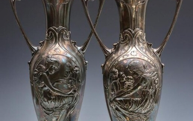 A PAIR 18-INCH ART NOUVEAU VASES WITH LADIES SIGNED WMF