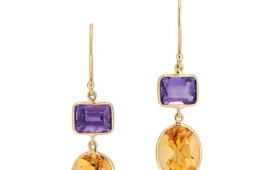 A PAIR OF AMETHYST AND CITRINE DROP EARRINGS each set with a fancy cut amethyst suspending an oval