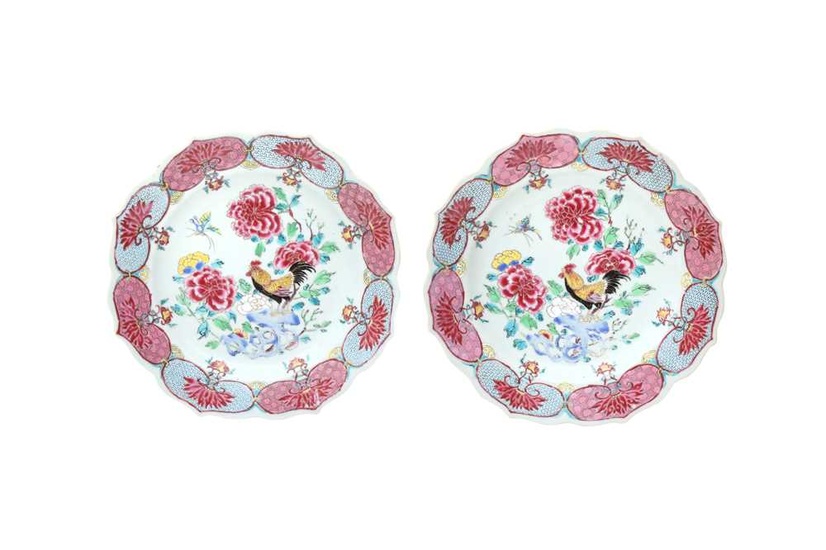 A PAIR OF CHINESE FAMILLE-ROSE 'ROOSTER' BARBED DISHES 清雍正 粉彩公雞花卉紋菱口折沿盤一對