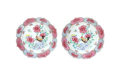 A PAIR OF CHINESE FAMILLE-ROSE 'ROOSTER' BARBED DISHES 清雍正 粉彩公雞花卉紋菱口折沿盤一對
