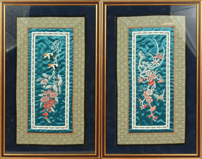 A PAIR OF CHINESE SILKWORK PICTURES OF FLOWERS, framed