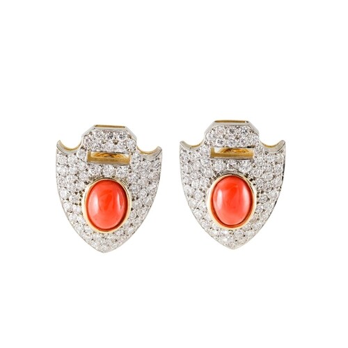 A PAIR OF DIAMOND AND CORAL EARRINGS, the cabochon corals to...