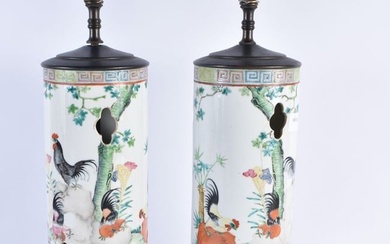 A PAIR OF EARLY 20TH CENTURY CHINESE FAMILLE ROSE PORCELAIN WIG STAND LAMPS Late Qing/Republic. 47 c