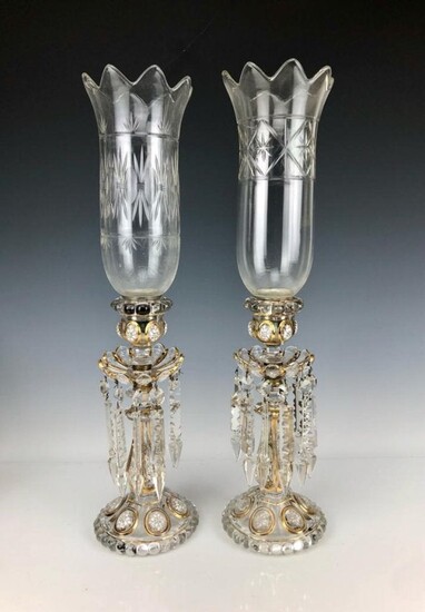 A PAIR OF ENAMELED BACCARAT HURRICANE LAMPS