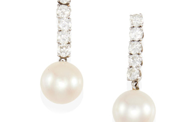A PAIR OF PALLADIUM, CULTURED PEARL AND DIAMOND EARRINGS