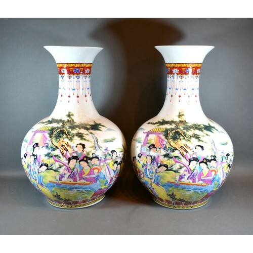 A Pair of Chinese Large Bottleneck Vases decorated in polych...