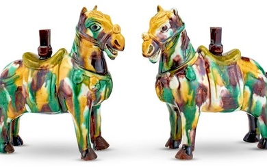 A Pair of Chinese Sancai Glazed Porcelain Horse-Form Joss Stick Holders Qing Dynasty