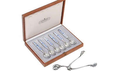 A Pair of Danish Silver Sugar-Nips and a Cased Set of Six Danish Silver and Enamel Coffee-Spoons The Sugar-Nips by Georg Jensen, Copenhagen, With English Import Marks for London, 1977, The Spoons by Michelsen, With English Import Marks for London, 1971