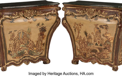 A Pair of Italian Painted Chinouserie and Partial Gilt Console Cabinets (18th century and later)