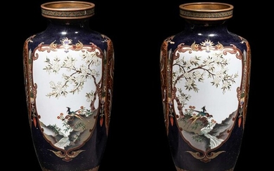 A Pair of Midnight Blue Ground Cloisonné Vases