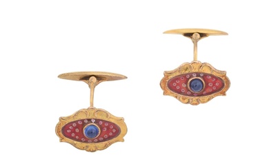 A Pair of Russian Sapphire and Enamel Cufflinks the pink...