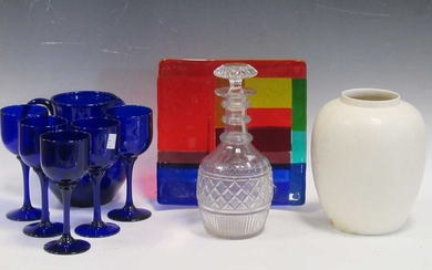 A Poole pottery vase, modern Bristol-blue glass wine glasses and jug, together with transfer printed