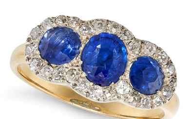 A SAPPHIRE AND DIAMOND RING in yellow and white go ...
