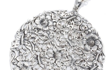 A SILVER PENDANT ON CHAIN; 58.5mm pierced disc featuring floral motifs on a cable link chain, length 65cm.