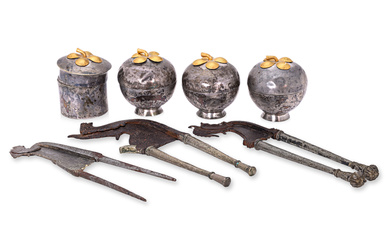 A SILVER SIREH SET AND THREE CUTTERS