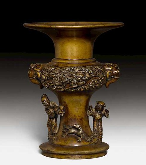 A SMALL BRONZE VASE DECORATED WITH CHINESE MYTHICAL FIGURES, PHOENIX AND KIRIN.