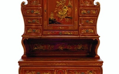 A SOUTH EUROPEAN SCARLET AND GILT-JAPANNED SECRETAIRE, LATE 19TH/EARLY 20TH CENTURY