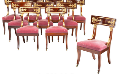 A Set of Ten French Empire-Style Partial Gilt Wood Dining Chairs