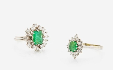 A Set of Two 14K Gold, Diamond, and Emerald Rings