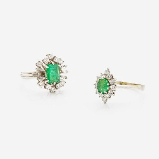 A Set of Two 14K Gold, Diamond, and Emerald Rings