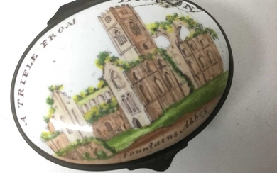 A South Staffordshire enamel patch box 'A Trifle from Honiton' circa 1800-20