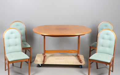 A TEAK FINISH DINING TABLE AND FOUR CHAIRS.