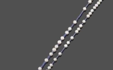 A Tanzanite and Cultured Pearl Necklace, smooth tanzanite beads spaced...