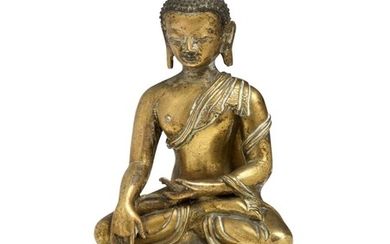 A Tibetan gilt bronze figure of Buddha Shakyamuni. 18th century. Weight 780 g. H. 13.5 cm.