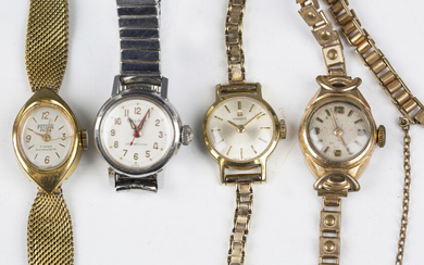 A Tissot gilt metal fronted and steel backed lady's wristwatch, fitted to a 9ct gold bracelet w