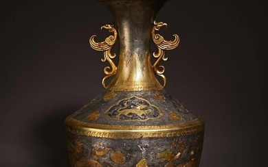 A Very Rare and Fine Gilt Bronze Qi Lin Phoenix ear Vase