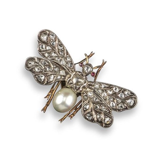 A Victorian diamond and pearl insect brooch, the...