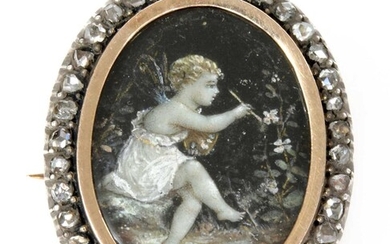 A Victorian hand painted diamond set memorial brooch