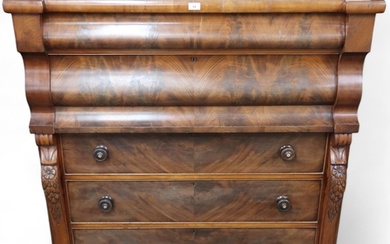 A Victorian mahogany and walnut veneered Ogee chest of drawe...