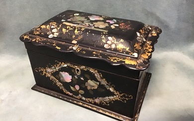 A Victorian rectangular papier-mâché tea caddy with moulded wavy edged...