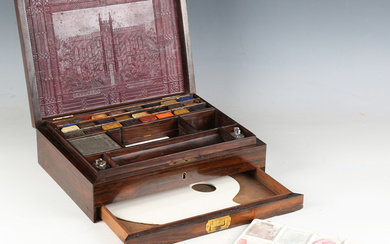 A Victorian rosewood cased artist's box by Newman's Manufactory, the top inlaid in mother