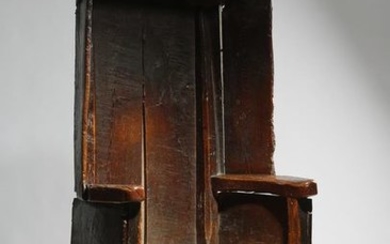 A WELSH PRIMITIVE ELM LAMBING / COMMODE CHAIR...