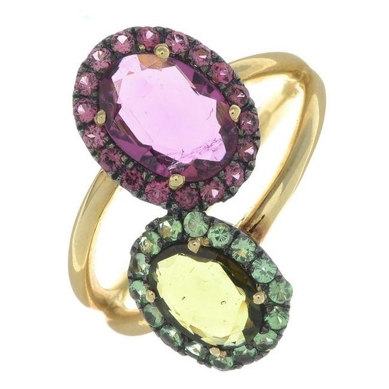 A 'You and Me' ring, designed with pink and green