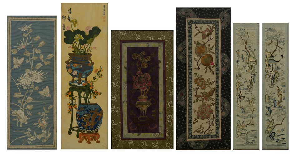 A collection of Chinese silk embroideries and a watercolour on paper, late Qing dynasty, largest frame 67 x 34,5 cm