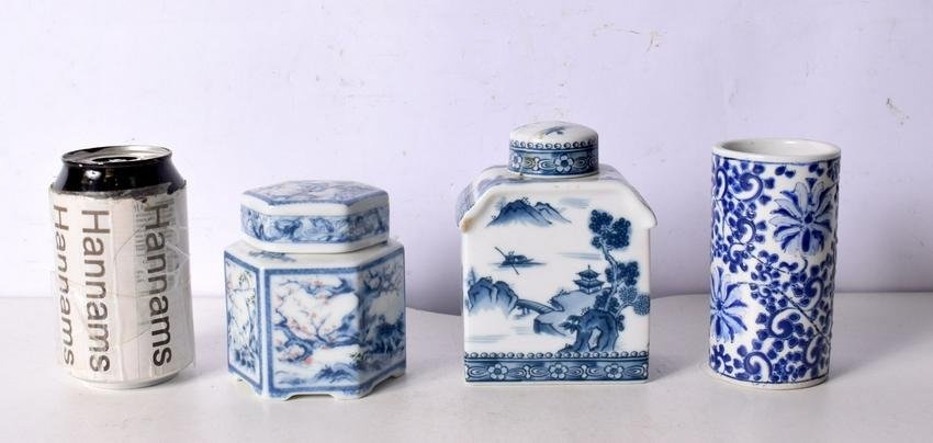 A collection of Japanese blue and white porcelain items Brush washer, jars etc largest 13 cm (3).