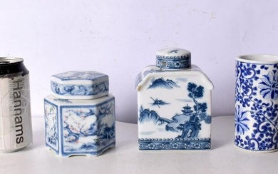A collection of Japanese blue and white porcelain items Brush washer, jars etc largest 13 cm (3).