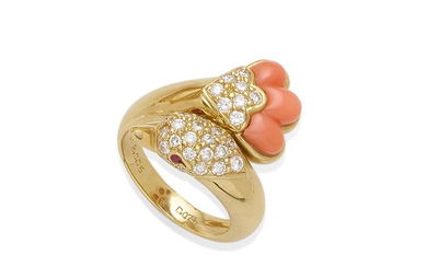 A coral and diamond swan bypass ring
