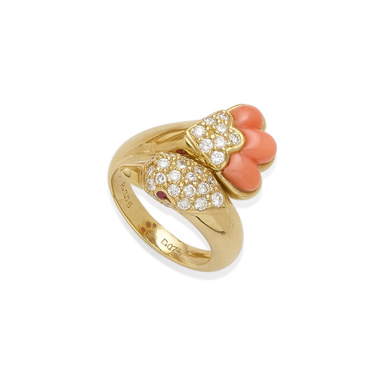 A coral and diamond swan bypass ring