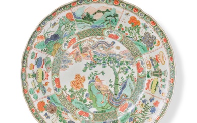 A famille-verte 'phoenix' fluted-rim charger, Qing dynasty, Kangxi period | 清康熙 五彩鳳凰花卉紋花口大盤