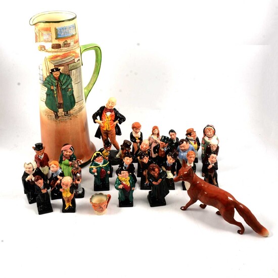 A full set of twenty-four Royal Doulton Dickens figures, a Beswick large fox and Series ware jug.