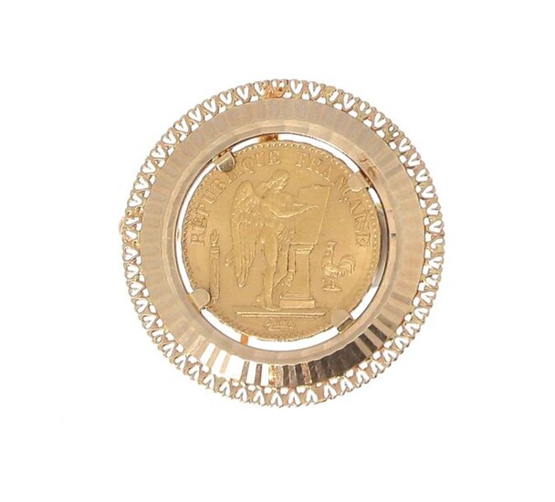 A gold piece of 20 FF Génie 1878 mounted as a brooch and pendant on 18 K (750 °/°°) yellow gold Gross