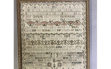 A good 18th century needle work sampler, dated 1792 in three...